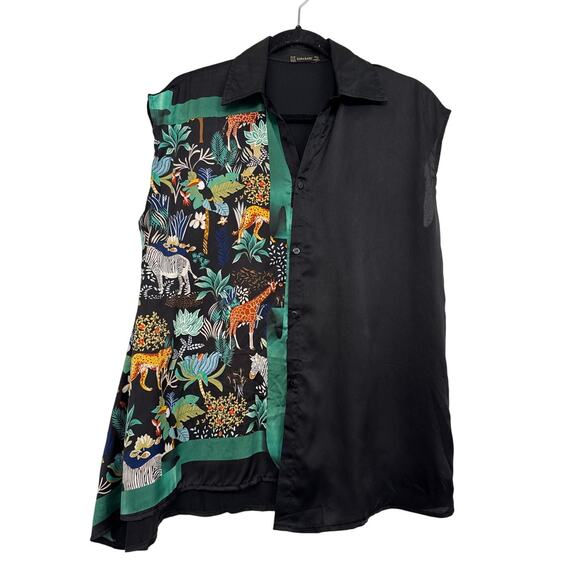 Zara Black Top L Jungle Safari Animal Print Asymmetrical Artcore Blouse SilkFeel - Picture 1 of 8